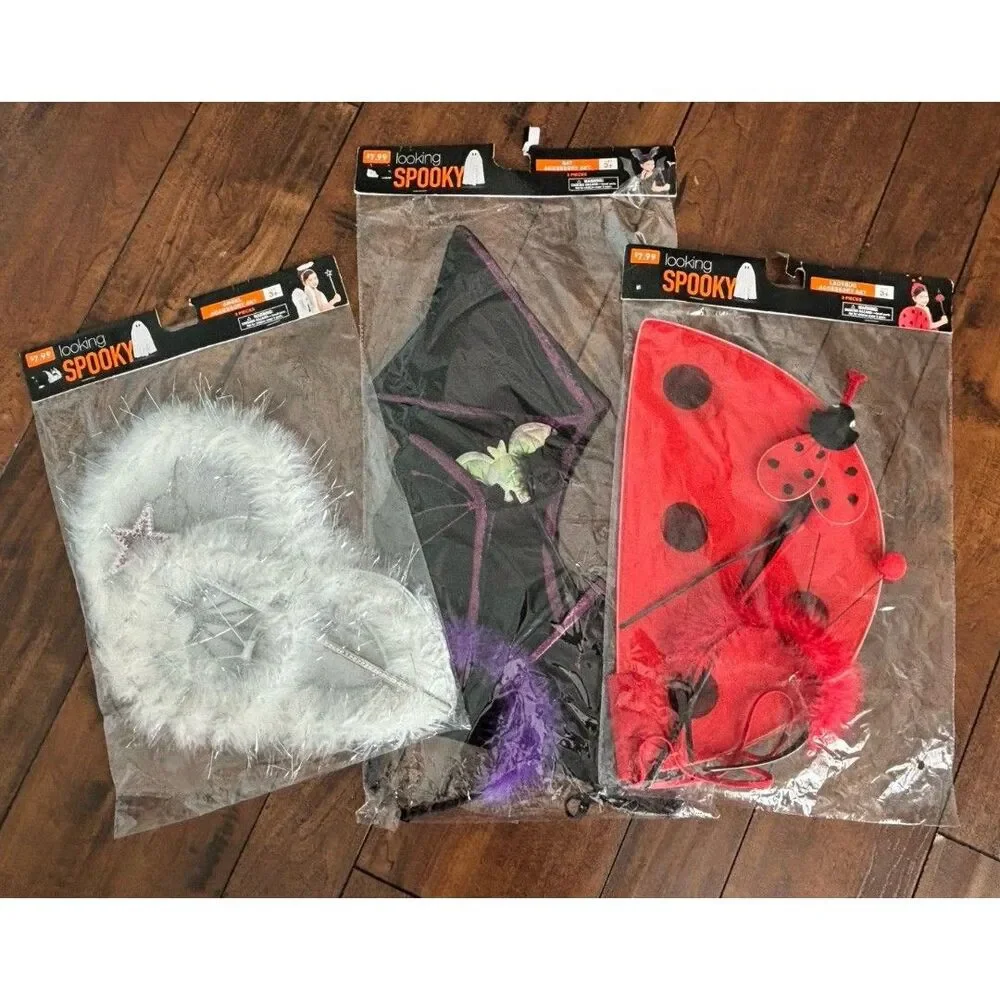 Set of Halloween Costume Accessories Bat, Angel, Laydbug Ages 3+ NEW